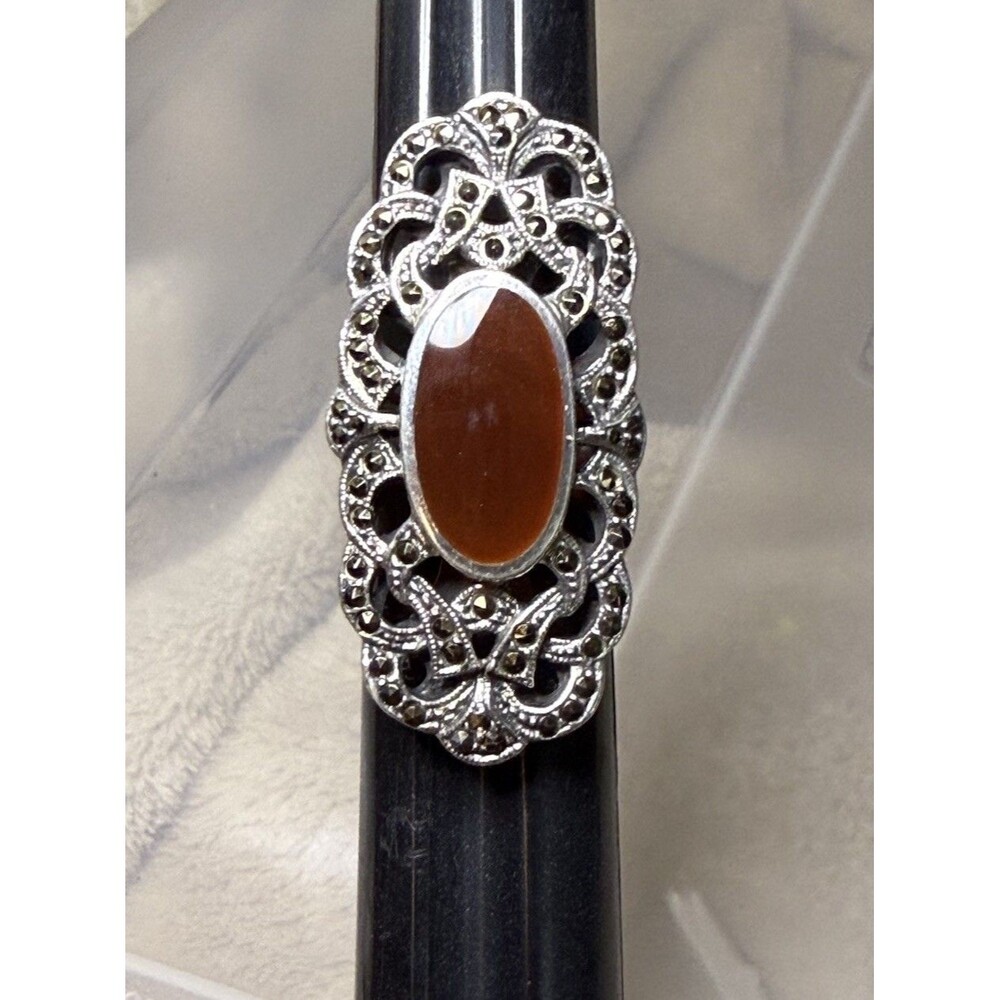 Victorian Sterling Silver Marcasite Carnelian Ring Size 7